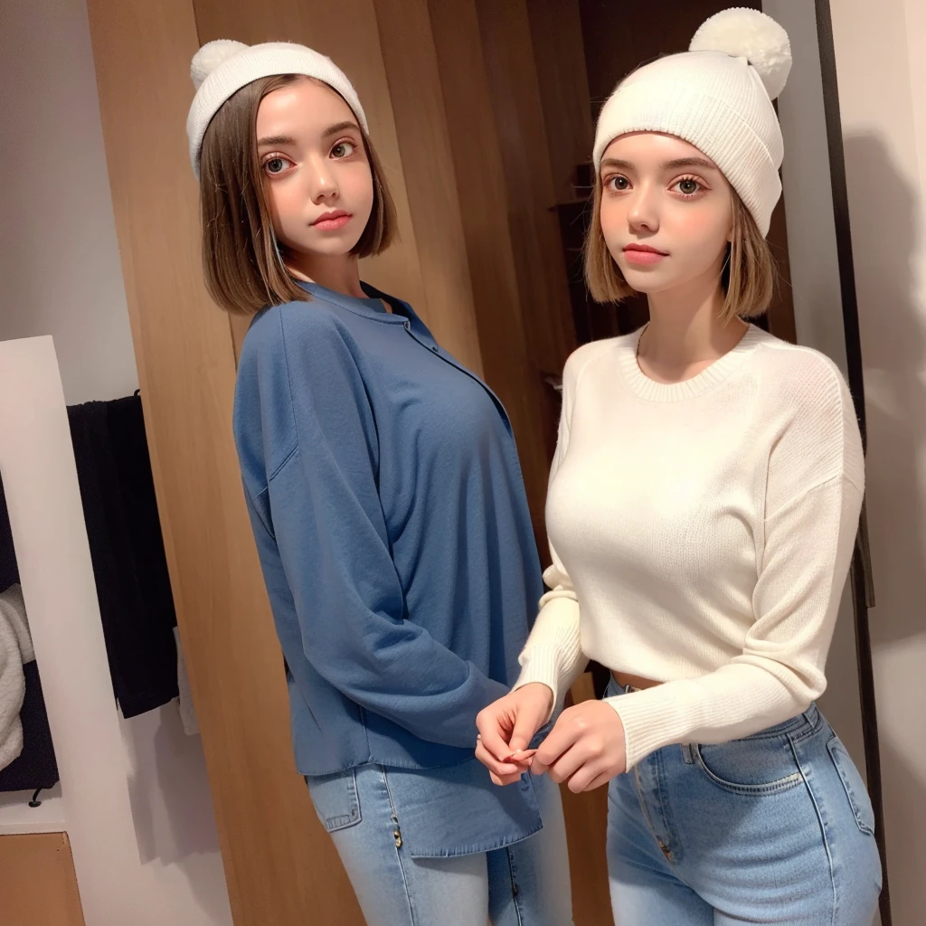 straight hair, white skin, looking at camera, white sweater, white beanie, girl,