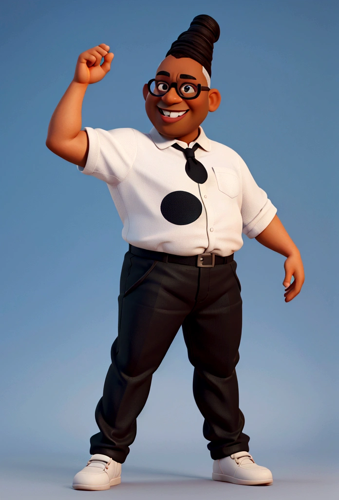 Cartoon character of a 50 year old pot-bellied black man smiling, bald in black color with some gray strands, wearing prescription glasses and a white striped shirt, an animated character, stylized character, animation style rendering, 3d stylized, Arnold Maya rendering, Stylized 3D rendering, toon render screenshot, 3d character, 3d character, Stylized 3D rendering, 3D character rendering, cartoon character, Personagem de close up, character posing, (Pixar-style) (master part:1.2) (bokeh) (best qualityer) (skin detailed) (detailed texture) (8K) (Argilla) (cinematic lighting) (sharp focus