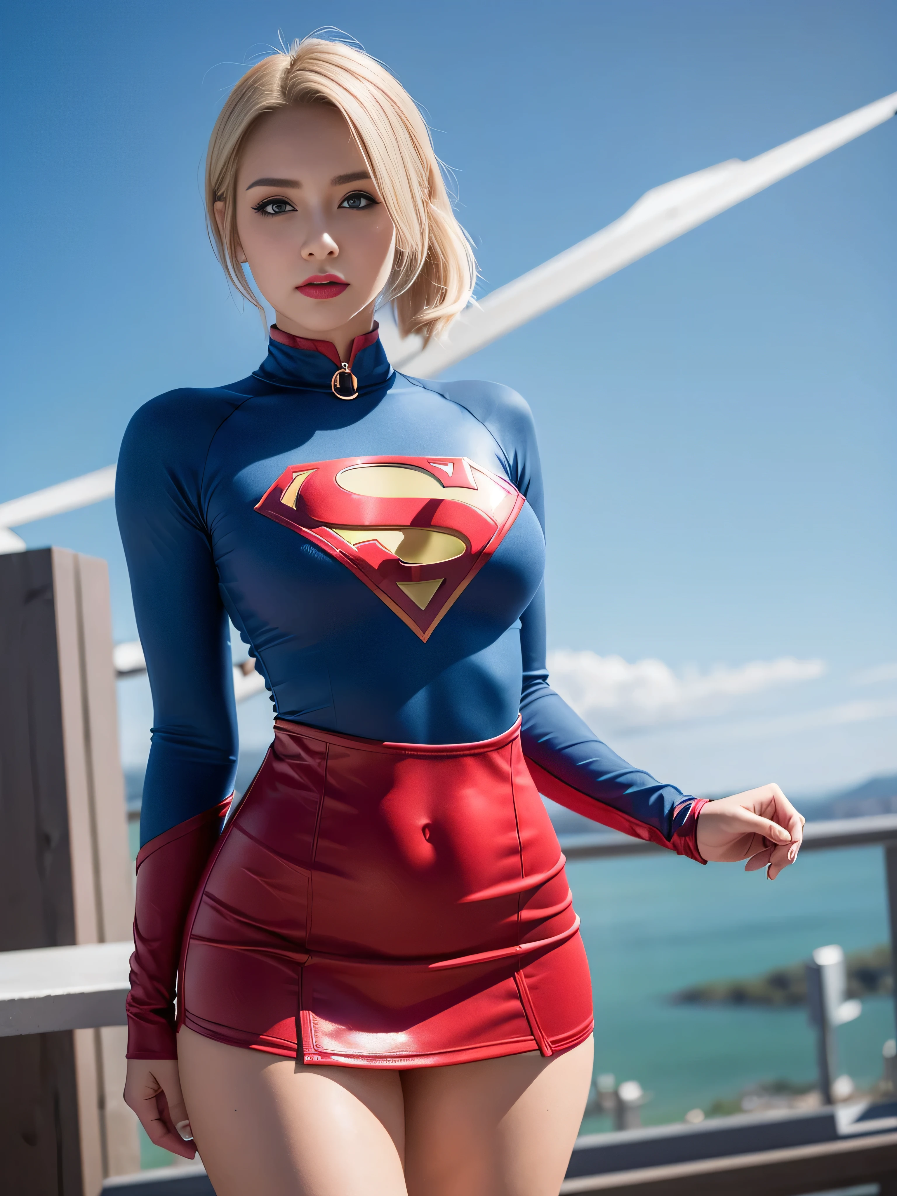 4k, realistic, charismatic, very detailed, there is a girl in the sky, dressed in a super girl costume, she is a super girl, superhero theme, blonde large hair, ponytail, 20 years, full body, (detail in the eyes), (detail in the face), incredibly beautiful, blue eyes, blush, makeup, red lipstick, miniskirt, (wide hips),  (thick thighs), small breasts, dress,, seductive pose, (extreme hourglass figure), thin, svelte, white skirt, boots, tight t-shirt, ((pleated mini skirt))
