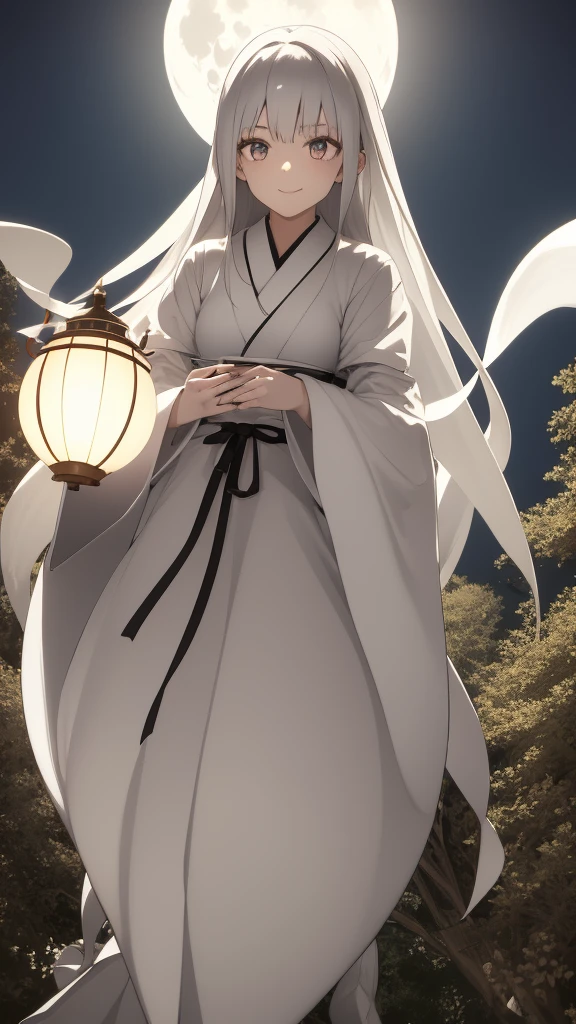 1girl, silver hair, white eyes, white skin, smile, long hair, flies, levitates in the air, white sheet, white cape, ghost, ghostly, translucent, holds a lantern, japanese lantern, night, the moon, objects are flying