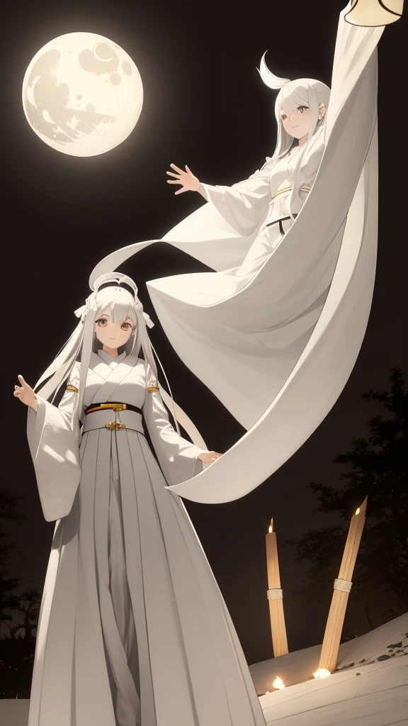 1girl, silver hair, white eyes, white skin, smile, long hair, flies, levitates in the air, white sheet, white cape, ghost, ghostly, translucent, holds a lantern, japanese lantern,  night, the moon, objects are flying