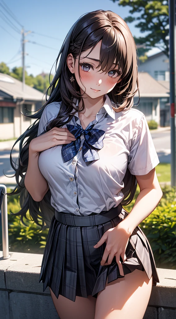 (masterpiece:1.2, top-quality), (realistic, photorealistic:1.4), beautiful illustration, 
looking at viewer, full body, front view:0.6, 
1 girl, japanese, high school girl, (long hair:1.5), blown hair, (half up, half updo), bangs, hair between eye, large breasts:0.8, 
beautiful hair, beautiful face, beautiful detailed eyes, beautiful clavicle, beautiful body, beautiful chest, beautiful thigh, beautiful legs, beautiful fingers, 
(beautiful scenery), , school,
((collared short sleeve shirt, white shirt, , grey plaid pleated skirt, blue plaid bow tie)), white panties, 
(standing, , lift up skirt, grab the hem of the skirt, hands on chest, hand between legs), 
blush, ,