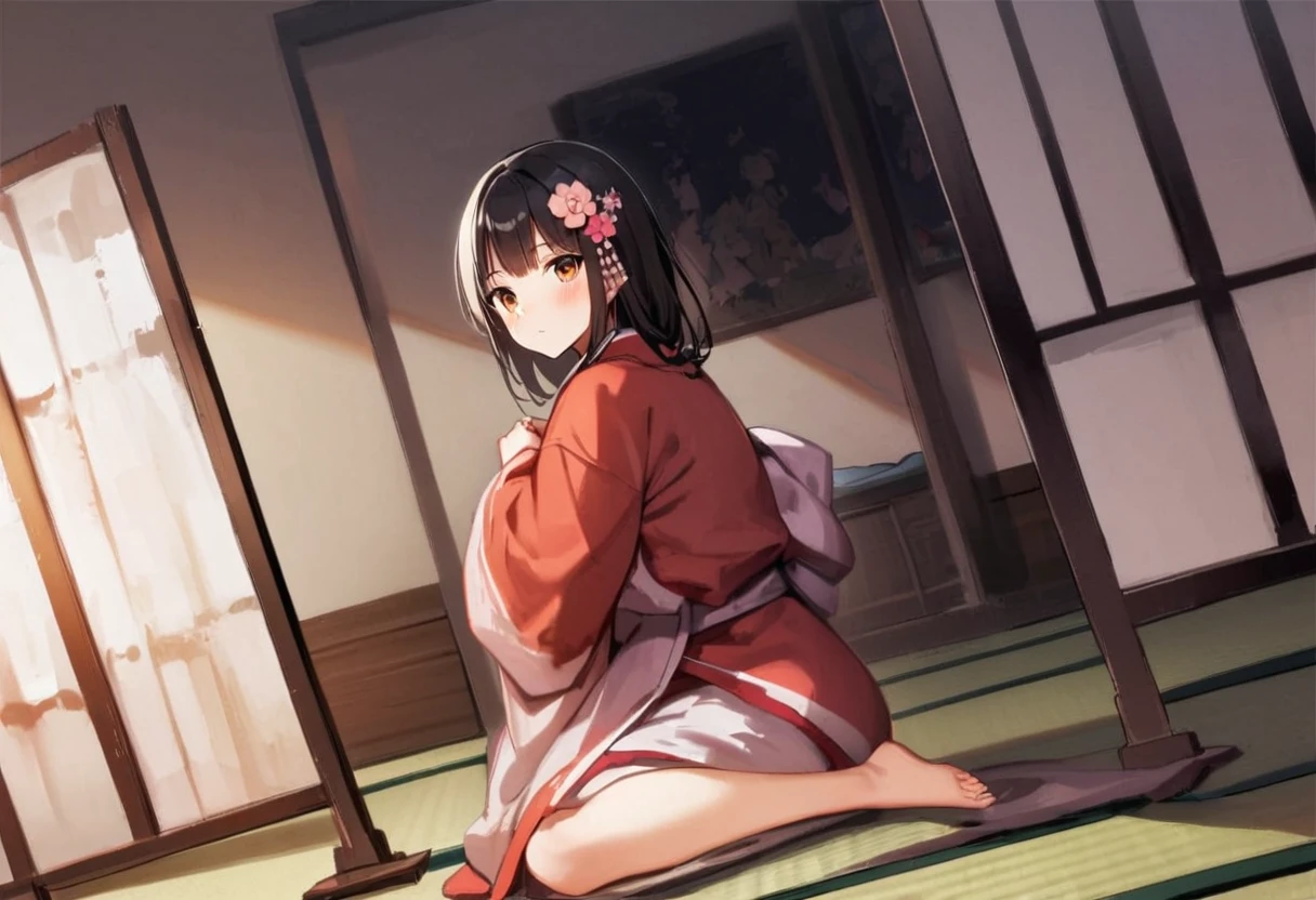 looking back at viewer、Zashiki-warashi、Japanese style、Shoji screen、tatami、Haunted House、darkness、Late Night、kimono、Bob、Girl、Girl、Younger、Baby Face、flat chest、Black Long Hair、Dynamic Angle、Innocence、Pure、Embarrassed、ball、Flower Hair Ornaments、Geta or bare feet
