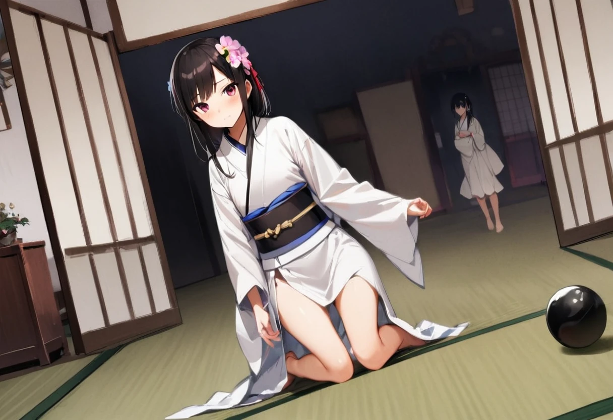 looking back at viewer、Zashiki-warashi、Japanese style、Shoji screen、tatami、Haunted House、darkness、Late Night、kimono、Bob、Girl、Girl、Younger、Baby Face、flat chest、Black Long Hair、Dynamic Angle、Innocence、Pure、Embarrassed、ball、Flower Hair Ornaments、Geta or bare feet