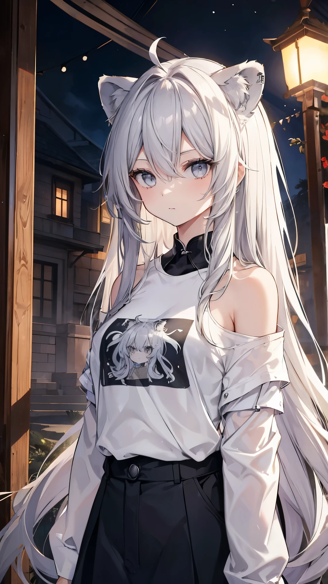 High resolution、Girl、Silver Hair、Long Hair,(),Lion ears、Grey Eyes、Slender、Toned body、Naked T-shirt,Lantern,Mansion,Put out your right shoulder,
