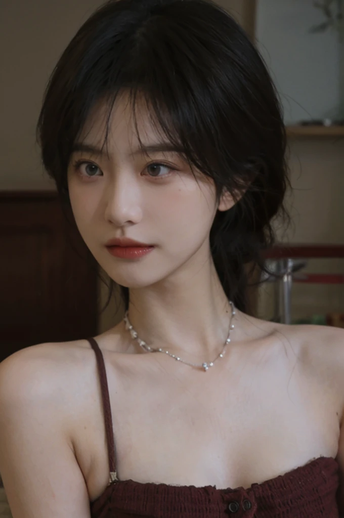Film portrait photography, 2 girls, Bare shoulders,Lipstick,(flat chest:1.4), Wear a necklace,Cute expression,Exquisite makeup,Red suspenders,serene, calm, (Realistic and detailed eyes, Natural skin texture, Realistic facial details), Big breasts:1.6,Big Breasts,Soft dramatic lighting, Depth of Field, Bokeh, Vibrant details, Detailed and detailed, Surreal, 35mm film, hazy, ,