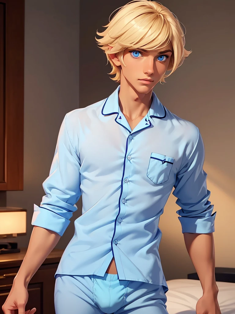 (best quality), 1boy, tanned skin, blonde hair, short hair, side bangs, beautiful hairstyle, blue eyes, perfect eyes, femboy, slender, handsome, attractive, pajama shirt, briefs, skinny body, masterpiece, anatomically correct, highres