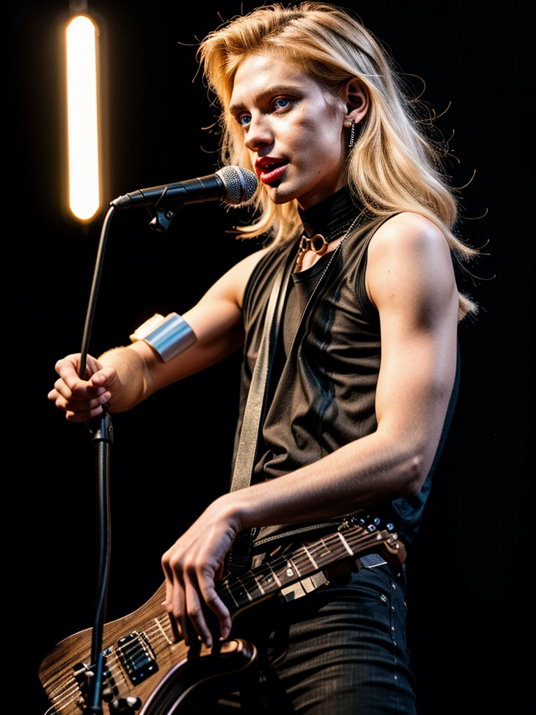 boy,neon light,medium hair,blonde,Neon smoke, daring guy,(8k, RAW photo, best quality, masterpiece:1.2), (realistic, photo-realistic:1.4), ultra-detailed, (high detailed skin:1.2), 8k uhd, dslr, soft lighting, high quality, film grain, Fujifilm XT3, professional lighting, handsome 1man , (thin lips:1.5), masterpiece, best quality, blue eyes, blond, long hair, pale skin, (strong wide jaw:1.3), brutal, medium long blonde hair 1boy, bangs, bishounen, black nails, black pants, black shirt, blonde hair, choker, closed mouth, collar, concert, earrings, electric guitar, feet out of frame, fishnet top, fishnets, glint, guitar, holding, holding instrument, holding microphone, instrument, jewelry, lens flare, looking at viewer, male focus, medium hair, microphone, microphone stand, music, necklace, pants, playing instrument, shirt, smile, solo, stage, stage lights, standing, thigh strap, torn clothes, torn pants, neon light