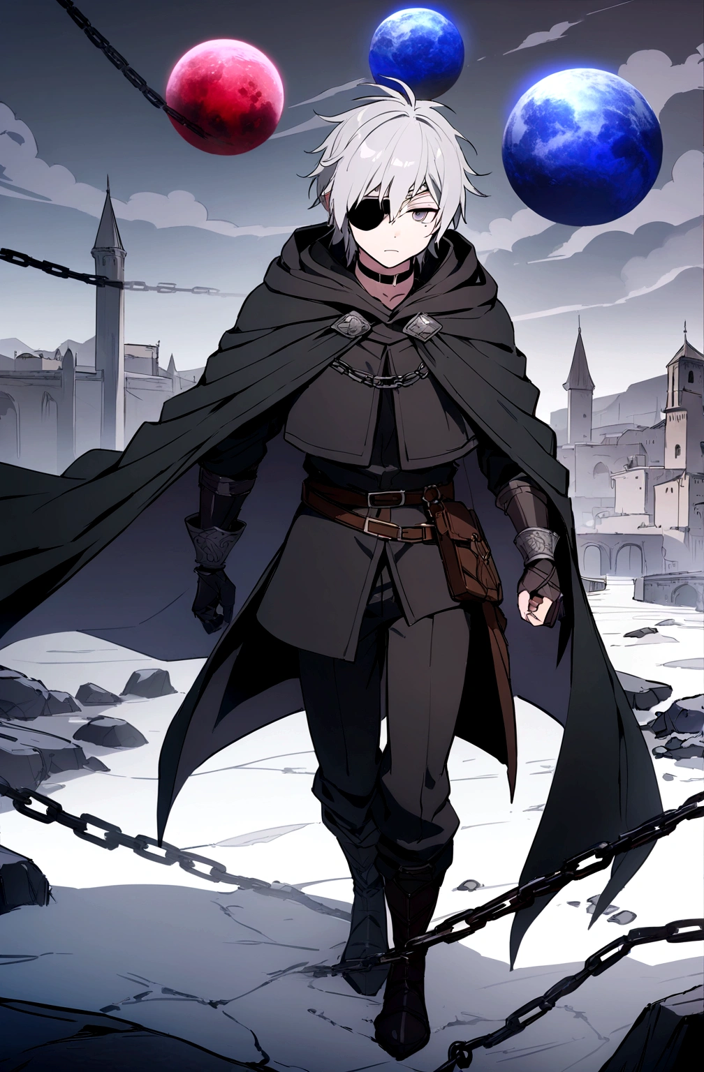 Anime character, a man, medieval era. Young man, 20 years old, large body, cold gaze, cold expression, white skin, short messy gray hair, ponytail, left eye patch, black clothes, black shirt, dark cape with hood, chains. frontal camera. Walking in a sea of blood. Three moons shining high in the sky, purple, red and blue. White electricity emanating from his body, black electricity emanating from his left hand. Right eye shining in a white ray. Thunderous white lightning. (best quality, 4k, 8k, high resolution, masterpiece: 1.2), vibrant, ultra-detailed colors, chiaroscuro lighting, dramatic pose, intricate details, fantasy, mystical, powerful