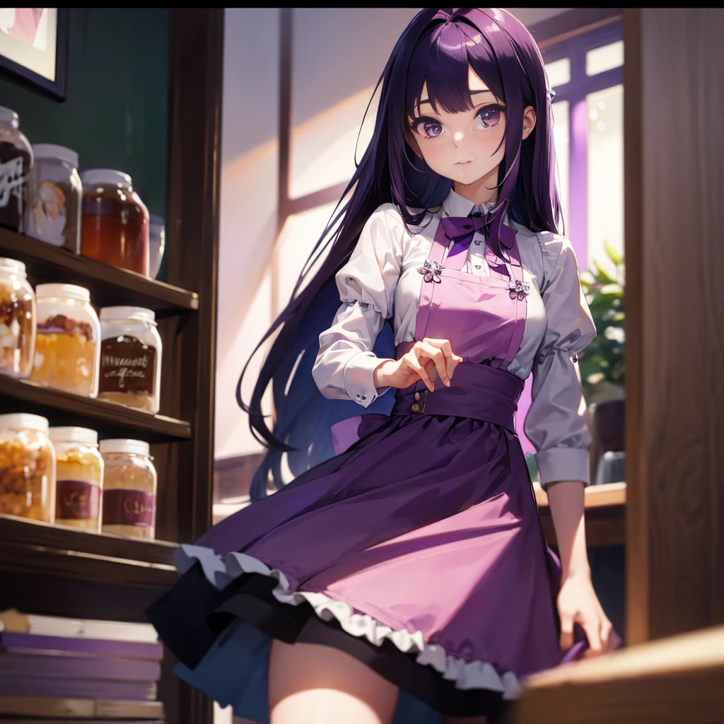 Best picture quality, 8K, high quality, masterpiece:1.2), ((masterpiece)), (great detail, high quality, best picture quality), bokeh, DOF, Portrait, open stance, purple hair long hair, in a black, round face, in a maid uniform, standing in the cafe shop with pink theme