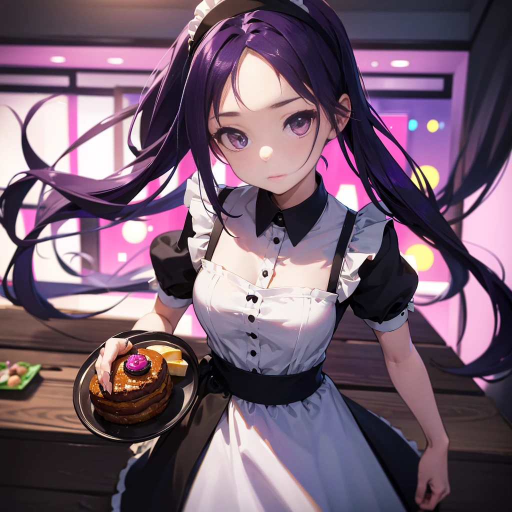 Best picture quality, 8K, high quality, masterpiece:1.2), ((masterpiece)), (great detail, high quality, best picture quality), bokeh, DOF, Portrait, open stance, purple hair long hair, in a black, round face, in a maid uniform, standing in the cafe shop with pink theme