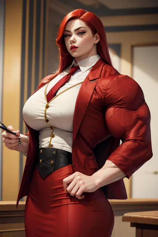 ((Massive, beautiful, buff, pale white skinned muscular asian woman with red hair, yellow eyes, black lipstick, ginormous bulky muscles)), (((red three-piece suit))), necktie, blazer, (((red suit jacket))), (((waistcoat))), double-breasted waistcoat, (((pencil skirt))), ((pencil skirt)), tie clip, pocket square, pocket watch, pantyhose, high heels, (close view), massive muscles, hyper muscles, long hair, in an courtroom, 