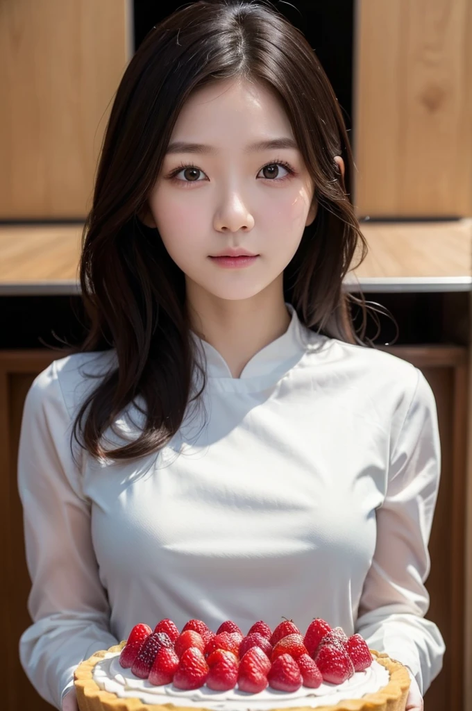 Pastry Chef、Long sleeve、(Highest quality)、((Very detailed))、4K、(8K)、masterpiece、Very detailedな、Highest quality、Super Resolution、1 person、Kind Face、Soft Light、RAW quality、Soft Skin、163cm、Cake Shop、Fruit Tart Cake