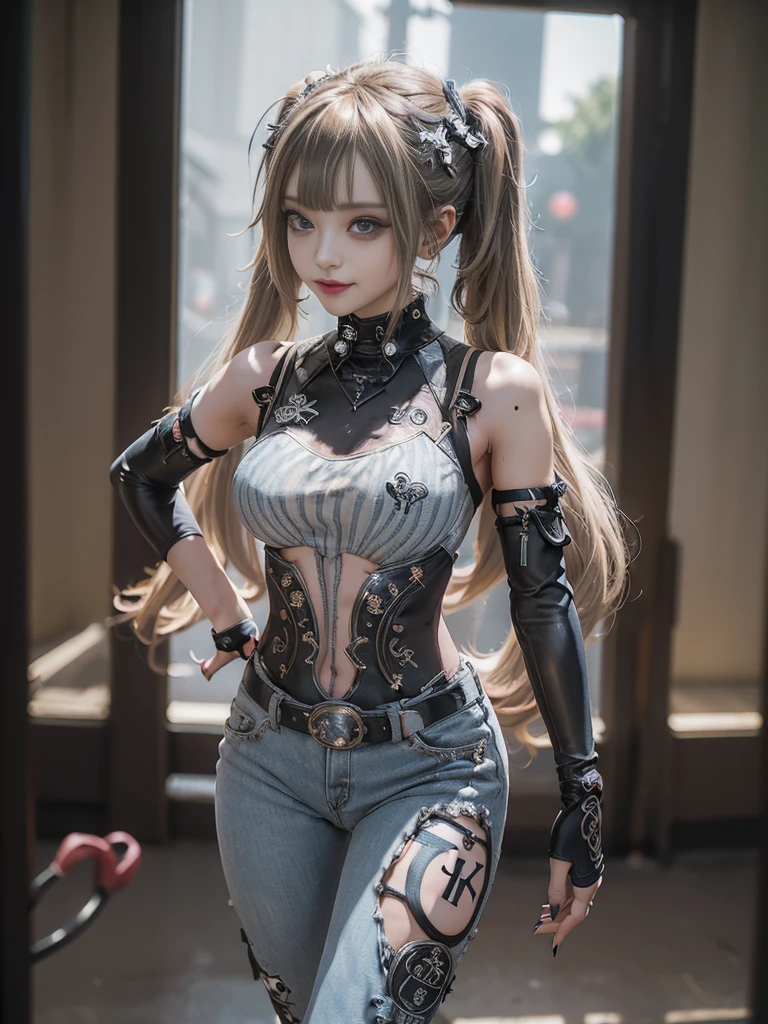 (Full Body View:1.4)、(Side view:1.1)、(Smiling with teeth showing:1.3),(Shibuya Gal:1.5)、(Gothic Lolita style fashion:1.5)、(Punk RockVisual Kei:1.5)、(Wearing a rhythmic gymnastics bodysuit with intricate details:1.4)、(Racing suit and pants with intricate decorations in white, denim and charcoal:1.5)、(Denim and light blue and white boots:1.3)、((belt))、(Numerous delicate logo marks all over the costume:1.4)、(collar:1.3)、(Striped underwear:1.5)、20-year-old、NSFW、((Highest quality、In 8K、masterpiece:1.3))、Sharp focus:1.2、(Layered Cut、Huge boobs:1.1),Beautiful woman with perfect figure:1.4、(Dancing vigorously:1.3)、Slender Abs:1.2、Highly detailed face and skin texture、Detailed eyes、double eyelid,(Twin tails:1.3)、(Brown-golden hair:1.3)、Gravure idol、(The background is a dance carnival:1.3)、(Slim body:1.3),(Make your legs thinner:1.4),(clavicle:1.1)、(Thin and slim thighs:1.3)