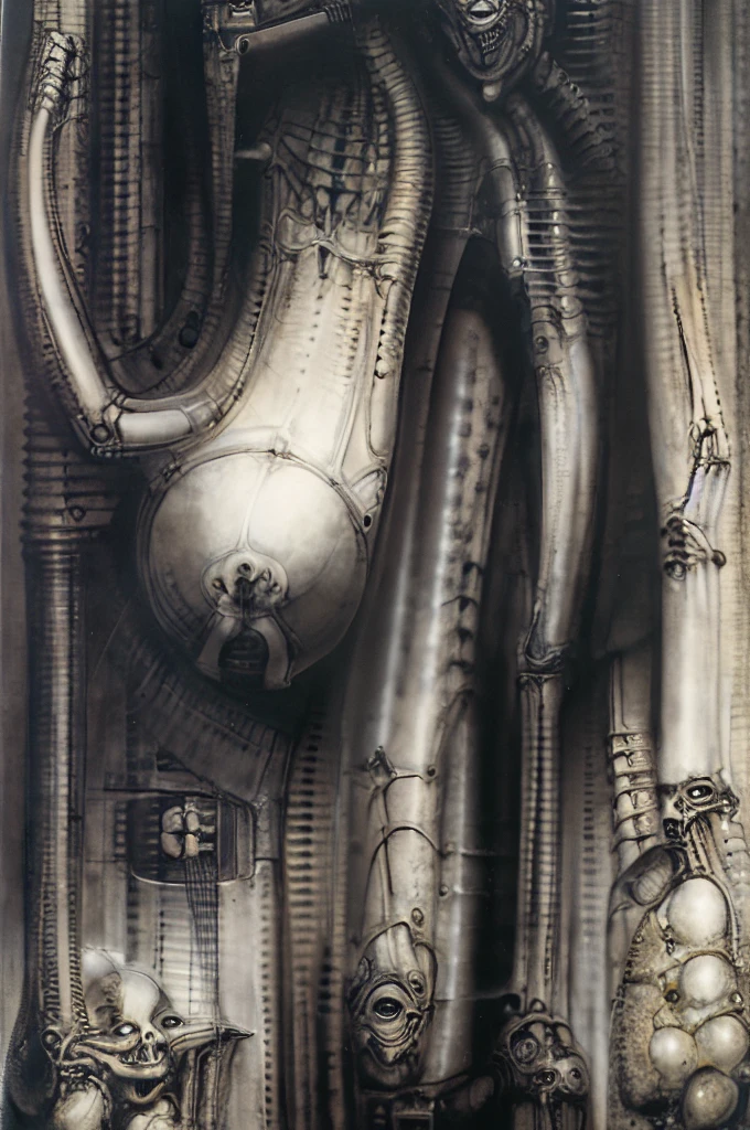 Giger_style, The image is a detailed view of H.R. Giger's \" Landscape XVI \" plate, featuring a complex network of bones and organs in a purple-brown hue ,swirling gray and brown colors. The artwork is silver and purplish brown, with an ivory bones prominently displayed. The image is highly detailed and intricate, almost like a 3d version of a medical sketch.
The piece is a tableau, most likely created with a India ink pen or pencil on paper, determined by the thin lines, shading techniques, and the texture of the paper, which is visible around the edges. Used is pen, given the shading and variations in line weight visible in the image. One have used a variety of pencils with different degrees of hardness to achieve the shading effects.
The style is clearly biomechanical. Features combination of organic and mechanical forms. Mechanical elements dominate the composition, there are subtle organic hints. The use of undersaturated purple-grays dark contrasts creates a stark and graphic look. Is used a variety of linework techniques to create different textures. Fine, parallel lines create a smooth, metallic texture,while thicker, more cursive lines suggest cables or wires. Machines fills most, with its central cylindric structure acting as the focal point. Parallel lines emanating from this central structure used to create a sense of depth and movement. Being overwhelmingly mechanical, there are subtle suggestions of organic forms.
The art performance showcases the artist’s skills in observation and rendering. The level of detail in the piece suggests a close study of real bone specimens and anatomy. The artist has skillfully used shading techniques to create a convincing illusion of three-dimensionality on a flat surface.The wrinkles and cracks in the surface, and the cast shadows with accuracy, used shading techniques to create a realistic depiction of light and shadow on the objects. This creates a sense of depth and dimension in the image