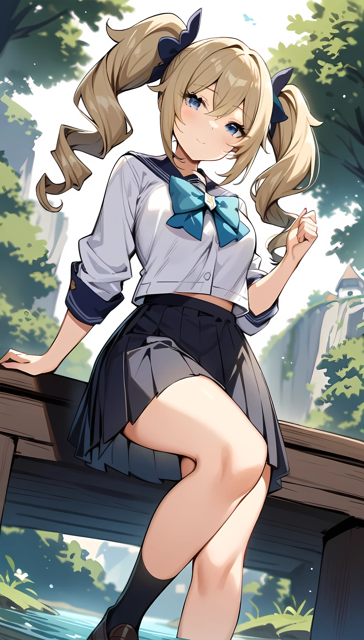 masterpiece, best quality, very aesthetic, absurdres,1girl,,barbara_(genshin_impact), genshin_impact, 1girl, blonde_hair, blue_eyes, drill_hair, hair_between_eyes, long_hair, twin_drills, twintails,,school uniform,head tilt,on bridge,over a river,from below,floating_clothes