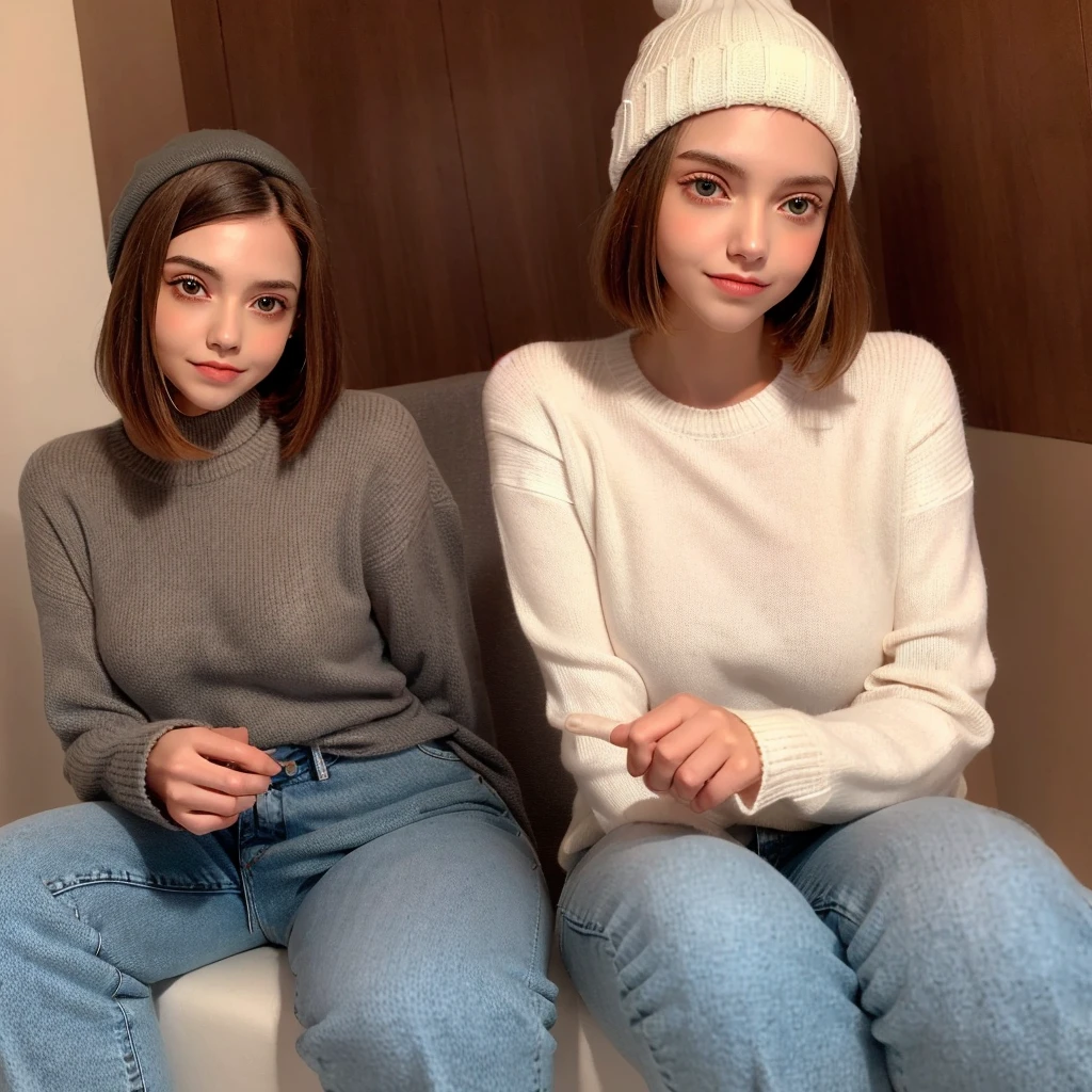 straight hair, white skin, looking at camera, white sweater, white beanie, girl, jean,