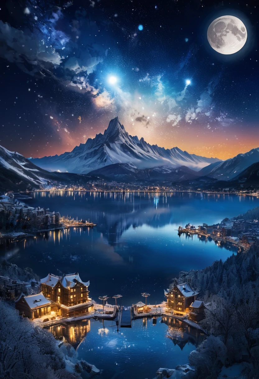 Ultra-high quality，Sea，Reflection，City lights are bright，moon，Snow-capped mountains in the distance，galaxy, Star，Sea of Clouds, Beautiful scenery, Night view，masterpiece