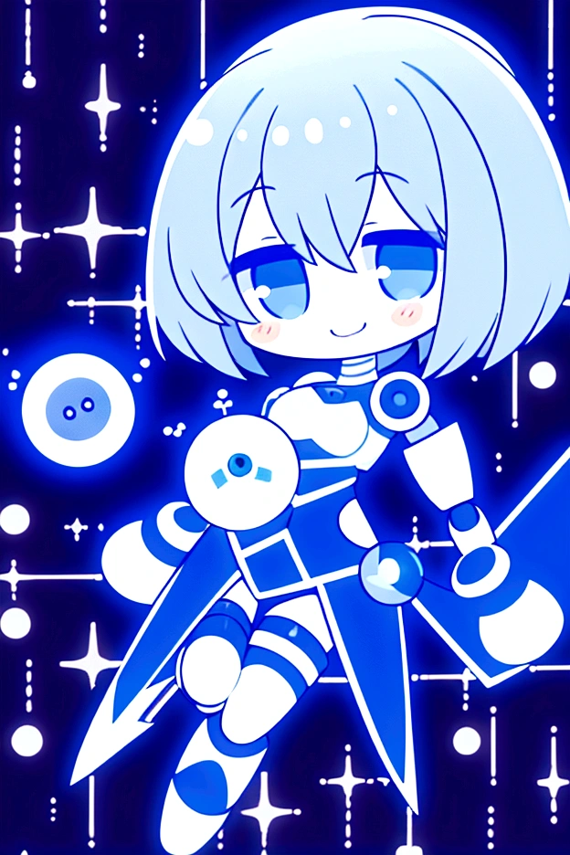 Robot girl, she herself is white and blue, she has short white hair down to her shoulders, she also has blue eyes, instead of ears she has mechanical rays of white and blue colors, she has a smile on her face, and also it is hollow.