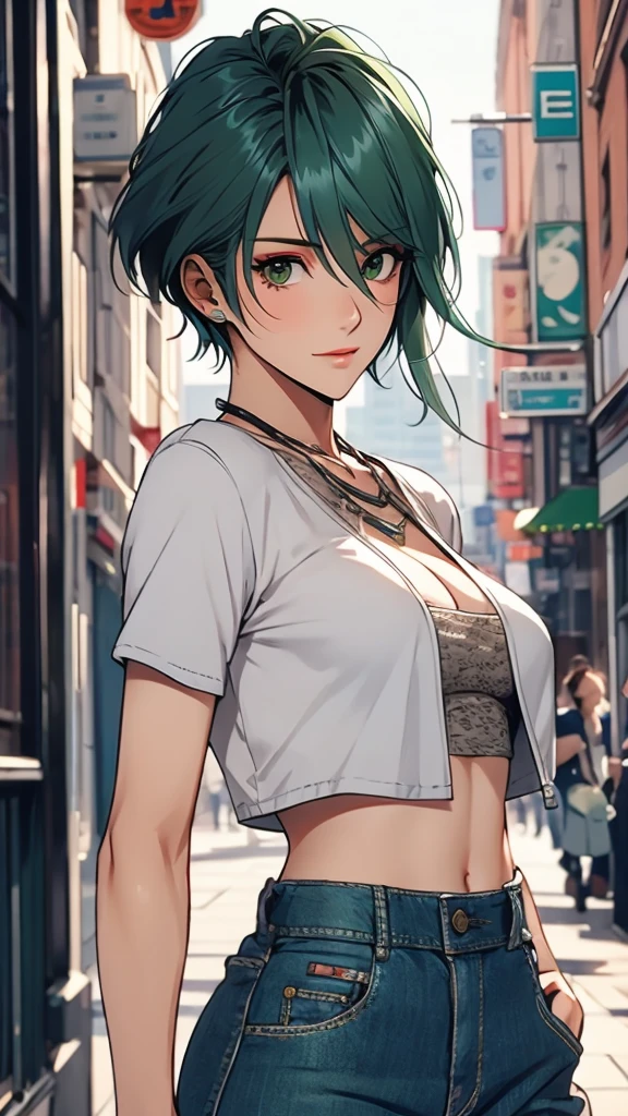 1 Female, Tamaki, green short hair, hair between eyes, Street fashion,