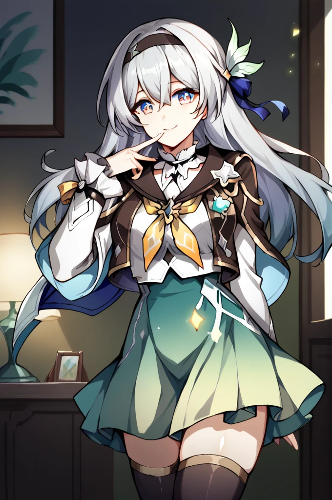 score_9, score_8_up, score_7_up, 1girl, firefly \(honkai: star rail\), solo, black thighhighs, hairband, gradient skirt, hair ornament, blouse, frilled collar, cropped jacket, yellow neckerchief, standing, gasping, smile, ecstasy, finger to mouth, arm behind back, living room