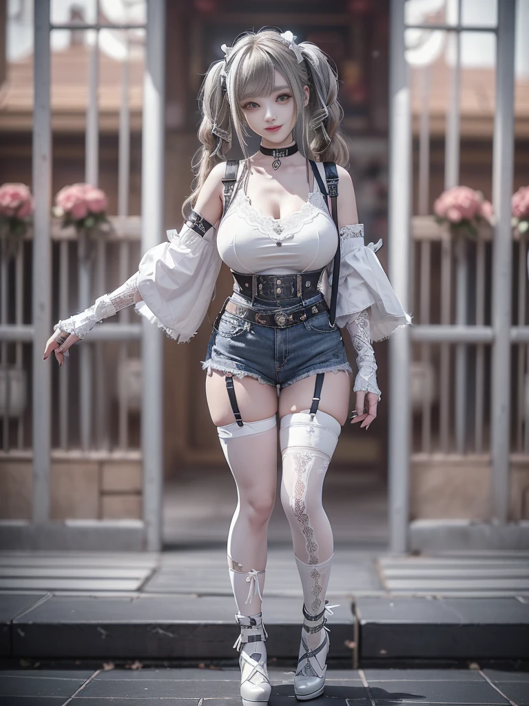 (Full body:1.5)、(Full body:1.2)、(Smiling with teeth showing:1.3),(Shibuya Gal:1.5)、(Neo-goth style fashion:1.5)、(Punk RockVisual Kei:1.4)、(Medieval noble gimp in denim and silver and white:1.5)、(Denim medieval white arm covers and garter shorts:1.5)、(White denim high heels:1.3)、(Wearing silver accessories:1.5)、(Denim collar:1.4)、(White leather garter belt:1.4)、(Brown Skin Belt:1.3)、(White lace underwear:1.5)、20-year-old、NSFW、((Highest quality、In 8K、masterpiece:1.3))、Sharp focus:1.2、(Layered Cut、Huge boobs:1.1),Beautiful woman with perfect figure:1.4、(Dancing vigorously:1.3)、Slender Abs:1.2、Highly detailed face and skin texture、Detailed eyes、double eyelid,(Twin tails:1.3)、(Brown-golden hair:1.3)、Gravure idol、(The background is a VIP room of a high-class cabaret club surrounded by roses on a sunny day outdoors.:1.3)、(Slim body:1.3),(Make your legs thinner:1.4),（clavicle:1.1）