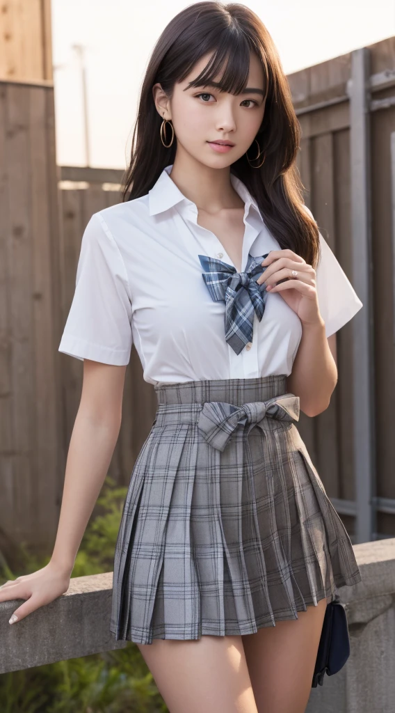 (masterpiece:1.2, top-quality), (realistic, photorealistic:1.4), beautiful illustration,
looking at viewer, full body, front view:0.6,
1 girl, japanese, high school girl, (long hair:1.5), blown hair, (half up, half updo), bangs, hair between eye, large breasts:0.8,
beautiful hair, beautiful face, beautiful detailed eyes, beautiful clavicle, beautiful body, beautiful chest, beautiful thigh, beautiful legs, beautiful fingers,
(beautiful scenery), , school,
((collared short sleeve shirt, white shirt, , grey plaid pleated skirt, blue plaid bow tie)), white panties,
(standing, , lift up skirt, grab the hem of the skirt, hands on chest, hand between legs),
blush, ,