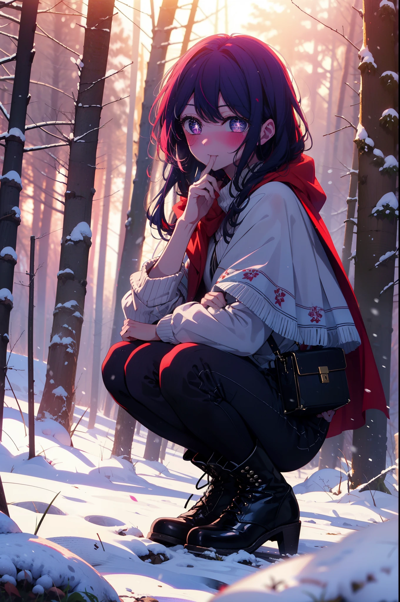 aihoshino, Ai Hoshino, Long Hair, bangs, (Purple eyes:1.1), Purple Hair, (Symbol-shaped pupil:1.5), smile,,smile,blush,White Breath,
Open your mouth,snow,Ground bonfire, Outdoor, boots, snowing, From the side, wood, suitcase, Cape, Blurred, , forest, White handbag, nature, Squat, Mouth closed, Cape, winter, Written boundary depth, Black shoes, red Cape break looking at viewer, Upper Body, whole body, break Outdoor, forest, nature, break (masterpiece:1.2), Highest quality, High resolution, unity 8k wallpaper, (shape:0.8), (Beautiful and beautiful eyes:1.6), Highly detailed face, Perfect lighting, Highly detailed CG, (Perfect hands, Perfect Anatomy),