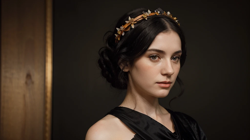 Create a hyper-realistic portrait of a 20th century woman with pale skin wearing a black dress from the 1900s, with black hair and an orange blossom crown.. The portrait must have a black background, old style photography and looking straight ahead. The woman must be pretty like a model, but you can&#39;t get lost in the dark