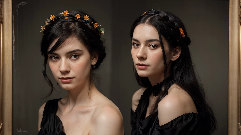 Create a hyper-realistic portrait of a 20th century woman with pale skin wearing a black dress from the 1900s, with black hair and an orange blossom crown.. The portrait must have a black background, old style photography and looking straight ahead. The woman must be pretty like a model, but you can't get lost in the dark