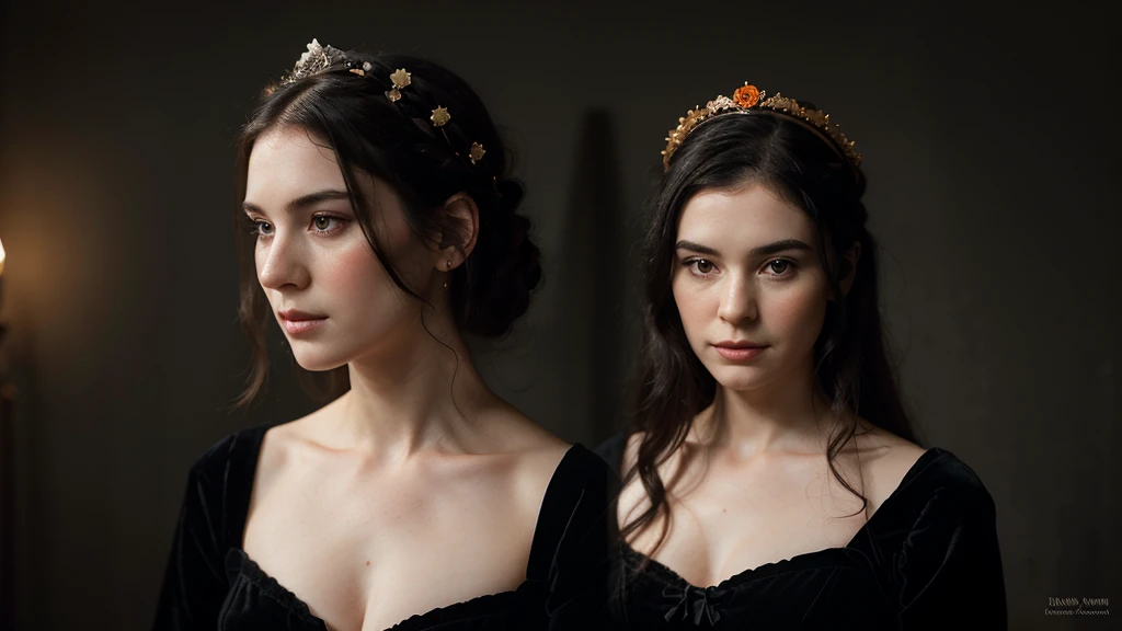 Create a hyper-realistic portrait of a 20th century woman with pale skin wearing a black dress from the 1900s, with black hair and an orange blossom crown.. The portrait must have a black background, old style photography and looking straight ahead. The woman must be pretty like a model, but you can't get lost in the dark