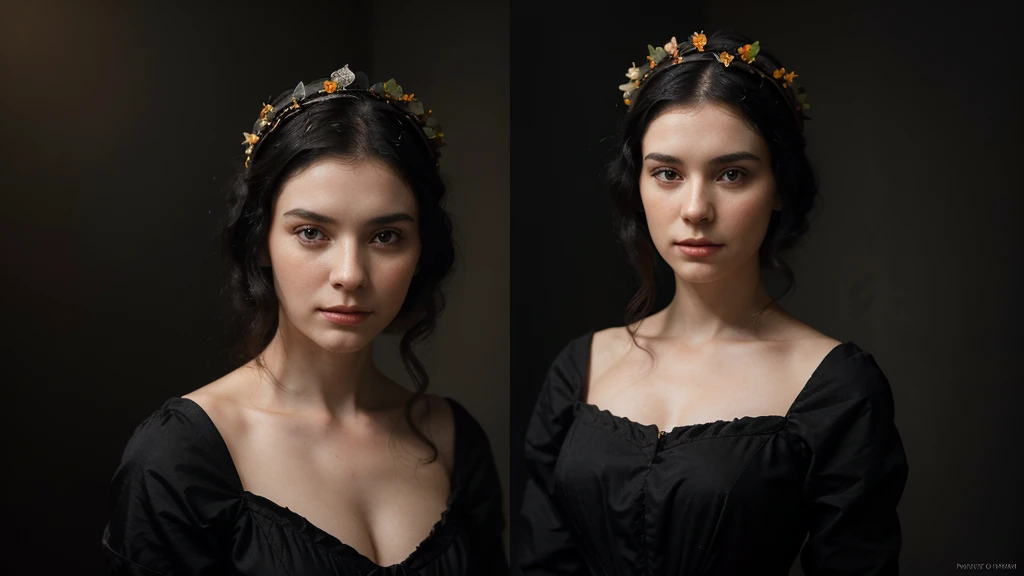 Create a hyper-realistic portrait of a 20th century woman with pale skin wearing a black dress from the 1900s, with black hair and an orange blossom crown.. The portrait must have a black background, old style photography and looking straight ahead. The woman must be pretty like a model, but you can't get lost in the dark