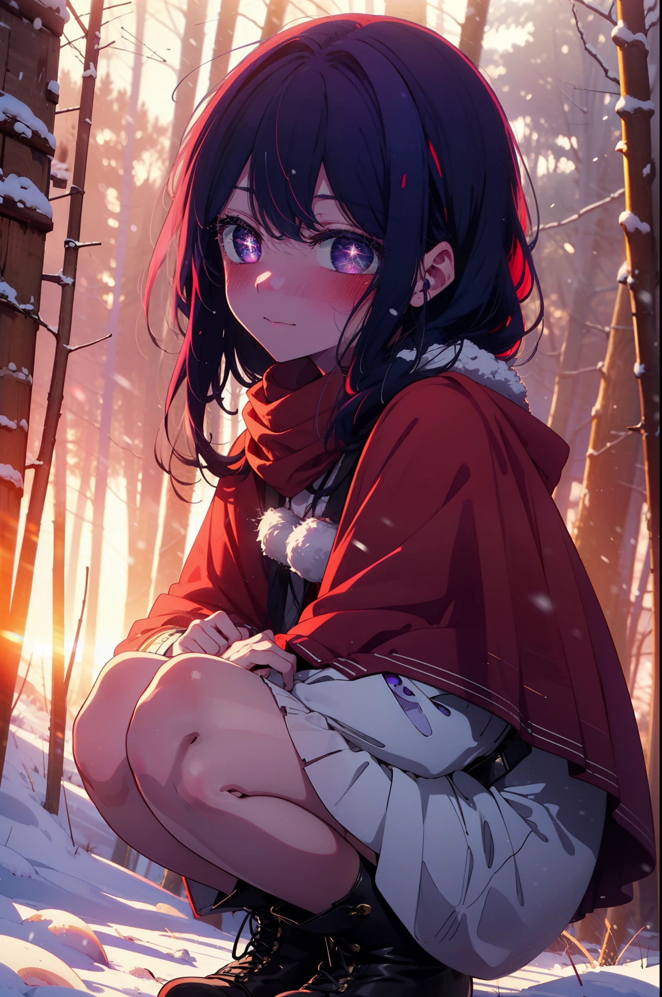 aihoshino, Ai Hoshino, Long Hair, bangs, (Purple eyes:1.1), Purple Hair, (Symbol-shaped pupil:1.5), smile,,smile,blush,White Breath,
Open your mouth,snow,Ground bonfire, Outdoor, boots, snowing, From the side, wood, suitcase, Cape, Blurred, , forest, White handbag, nature,  Squat, Mouth closed, Cape, winter, Written boundary depth, Black shoes, red Cape break looking at viewer, Upper Body, whole body, break Outdoor, forest, nature, break (masterpiece:1.2), Highest quality, High resolution, unity 8k wallpaper, (shape:0.8), (Beautiful and beautiful eyes:1.6), Highly detailed face, Perfect lighting, Highly detailed CG, (Perfect hands, Perfect Anatomy),