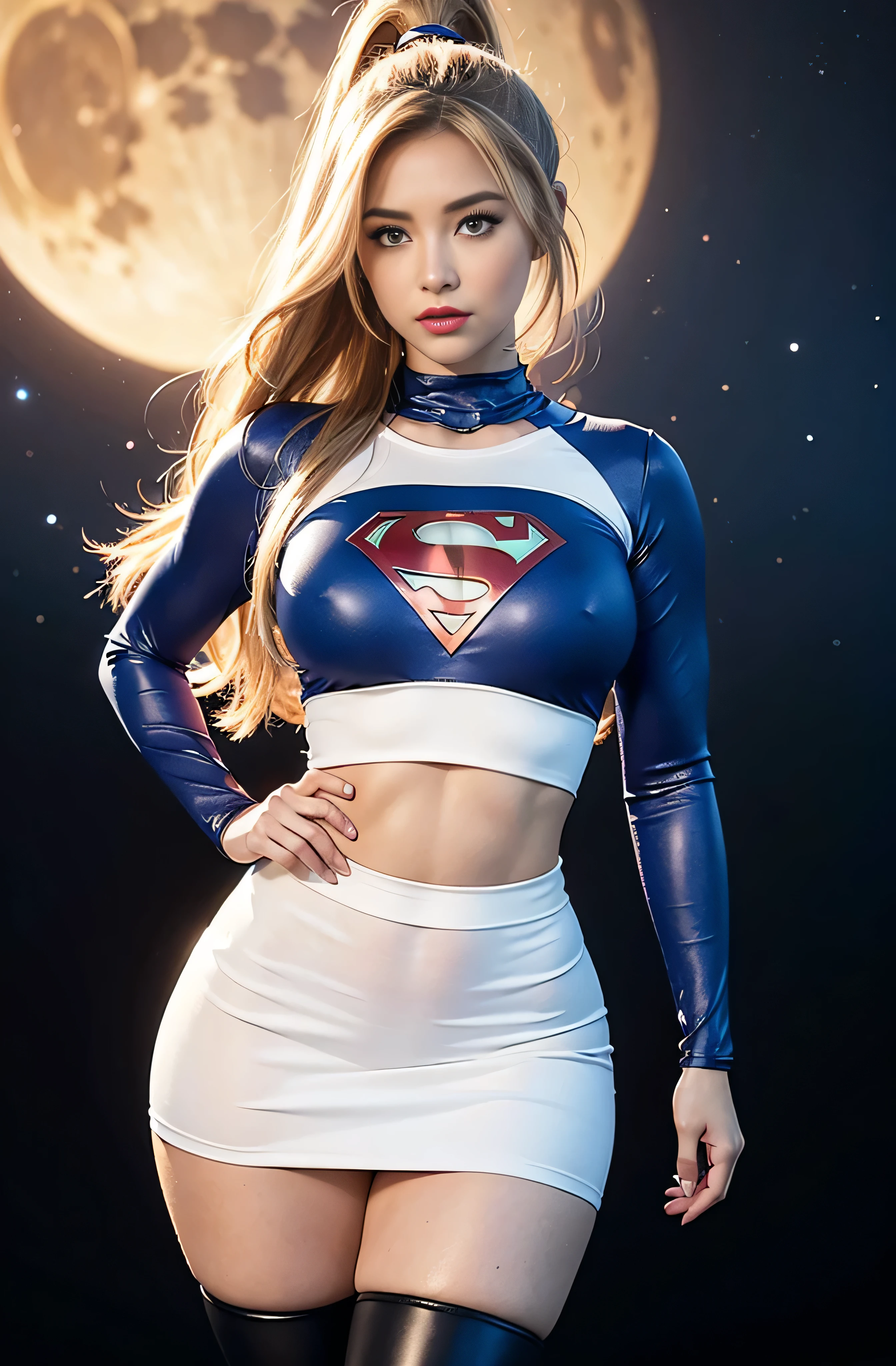 4k, realistic, charismatic, very detailed, there is a girl in the sky, dressed in a super girl costume, she is a super girl, superhero theme, blonde large hair, ponytail, 20 years, full body, (detail in the eyes), (detail in the face), incredibly beautiful, blue eyes, blush, makeup, red lipstick, miniskirt, (wide hips),  (thick thighs), small breasts, dress,, seductive pose, (extreme hourglass figure), thin, svelte, white skirt, boots, tight t-shirt, ((pleated mini skirt))