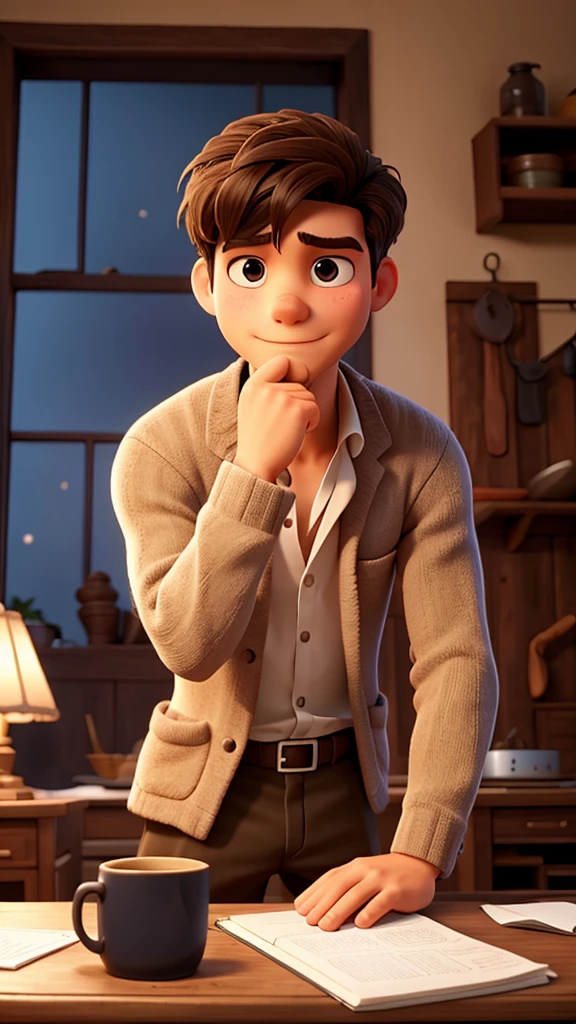 A handsome well dress man think something deeply with the hand on their own head at the home and sit in the table