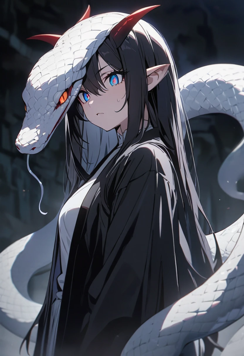One woman, masterpiece, top quality, fair skin, black hair, blue eyes, red pupils, snake, plain white kosode, black haori, black scales all over the body, horns growing from the side of the head, anime