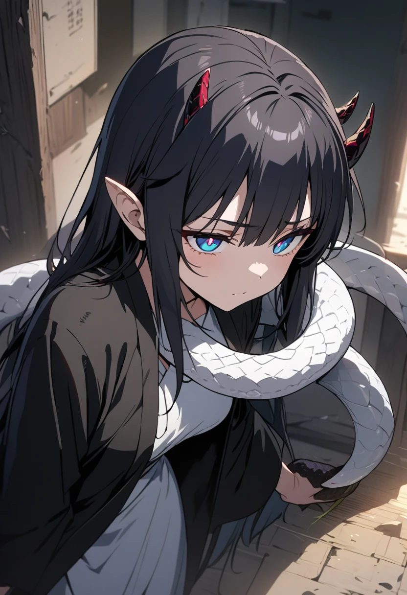 One woman, masterpiece, top quality, fair skin, black hair, blue eyes, red pupils, snake, plain white kosode, black haori, black scales all over the body, horns growing from the side of the head, anime