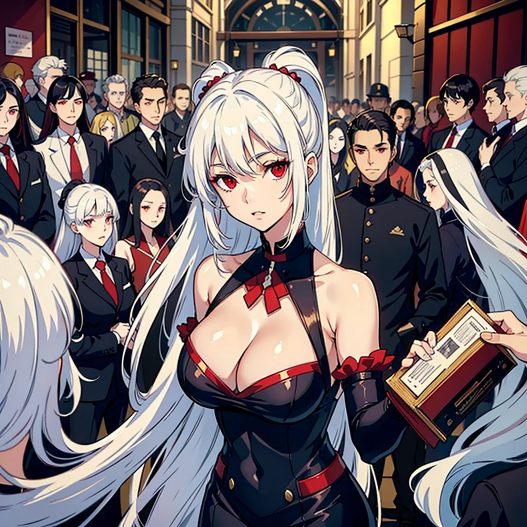 A white-haired woman with red eyes, a beautiful face, various hairstyles, long hair, an 18-year-old student with big breasts and beautiful long legs. Many girls are among the crowd.
