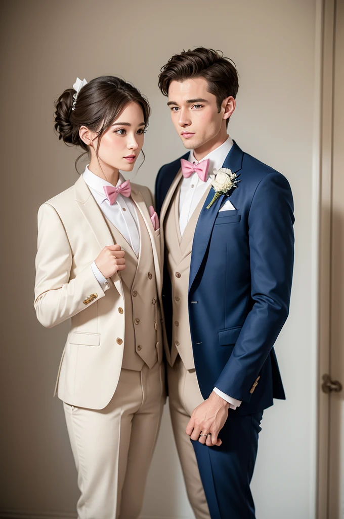 Gay bride and groom 1 groom navy blue suit, white shirt and pink bow tie 2 groom beige suit , White shirt and beige bow tie
