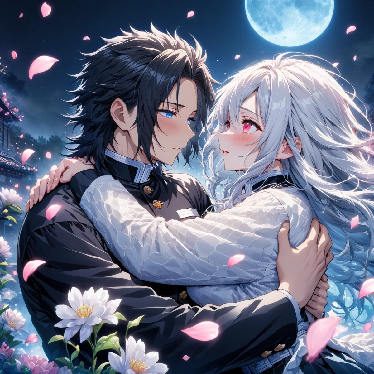 Ultra detailed, highres, absurdres, HDR, master piece, pretty girl with black long hair, girl with expressive blue eyes, black demon slayer uniform, Kimetsu No Yaiba couple, fantasy, petals, white flowers, pretty, boy with long white hair, boy with red eyes, huging, romance, magic, moon, best quality, extremely detailed face, love, passion, romance, anime, they are realy in love, love hug, boy have an angelic white hair