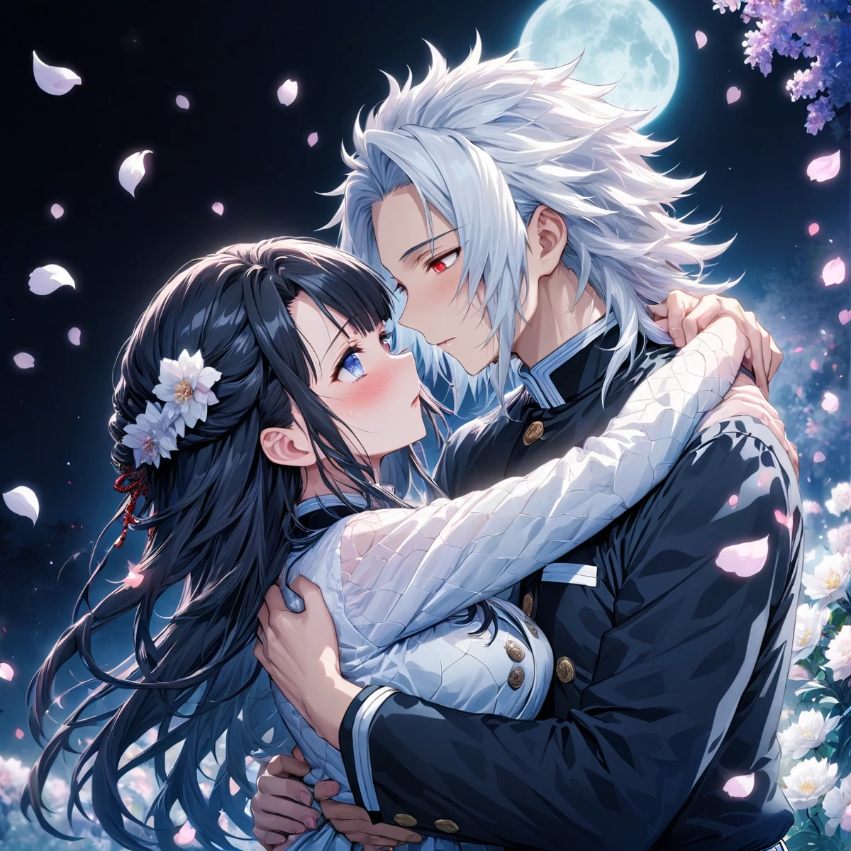 Ultra detailed, highres, absurdres, HDR, master piece, pretty girl with black long hair, girl with expressive blue eyes, black demon slayer uniform, Kimetsu No Yaiba couple, fantasy, petals, white flowers, pretty, boy with long white hair, boy with red eyes, huging, romance, magic, moon, best quality, extremely detailed face, love, passion, romance, anime, they are realy in love, love hug, boy have an angelic white hair