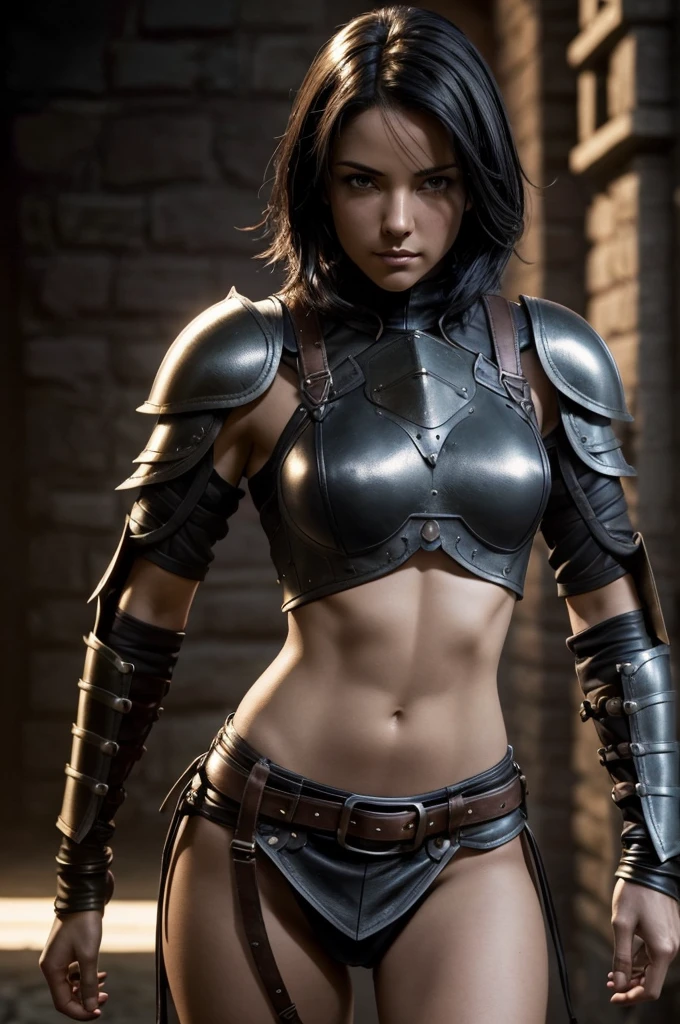 A beautiful female rogue, short black hair, Dungeons and Dragons aesthetic, (((skimpy sexy leather armour))), slim and athletic, high detail face, high detail skin, 8, HDR, high resolution, photo-realistic, cinematic lighting, depth of field, bokeh, rim lighting, backlit, cool colours, night