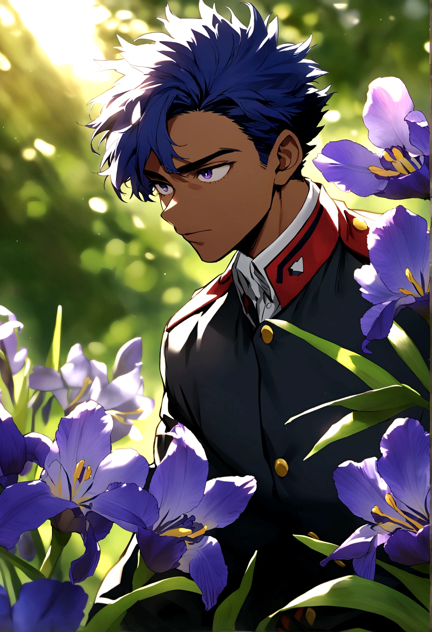 My Hero Academia Capture male with purple and blue hair, purple irises, UA uniform, dark skin