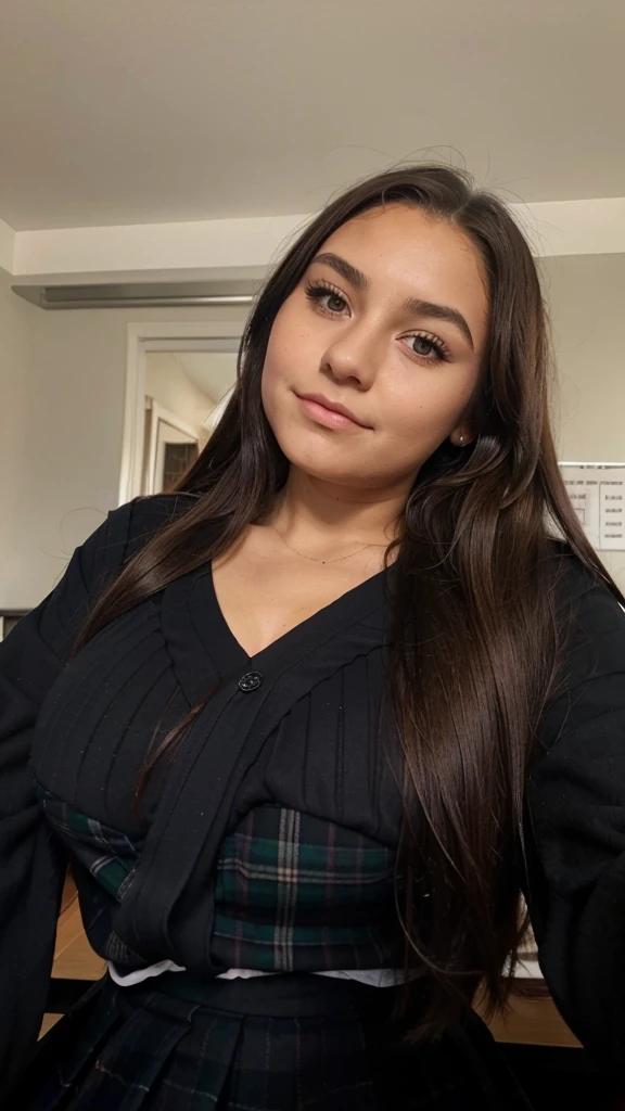 14 year old school girl with big breasts and bum and hips and long brunet hair and is wearing a dark grey tartan box pleat skirt and a wight blouse with a black girls school jumper and has loads of makeup on and is wereing sùper dark fake tan 
