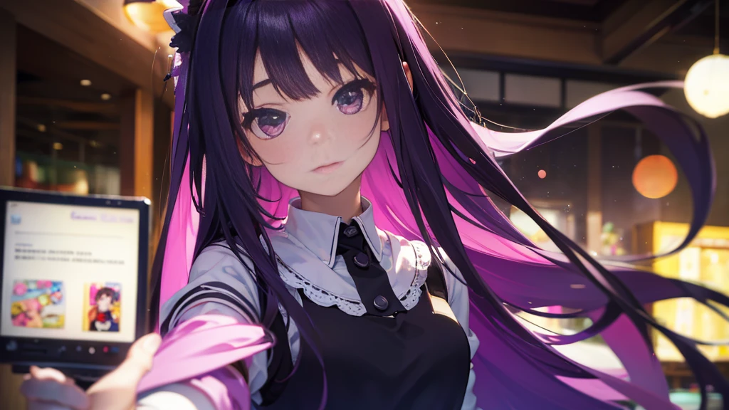Best picture quality, 8K, high quality, masterpiece:1.2), ((masterpiece)), (great detail, high quality, best picture quality), bokeh, DOF, Portrait, open stance, purple hair long hair, in a black, round face, in a maid uniform, standing in the cafe shop with pink theme