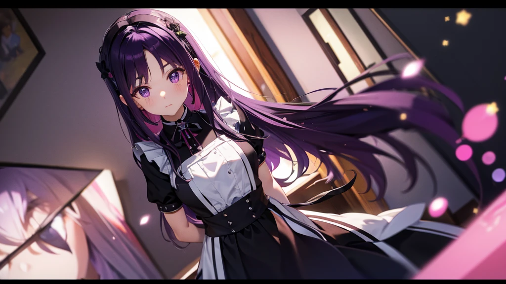 Best picture quality, 8K, high quality, masterpiece:1.2), ((masterpiece)), (great detail, high quality, best picture quality), bokeh, DOF, Portrait, open stance, purple hair long hair, in a black, round face, in a maid uniform, standing in the cafe shop with pink theme