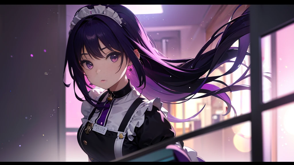 Best picture quality, 8K, high quality, masterpiece:1.2), ((masterpiece)), (great detail, high quality, best picture quality), bokeh, DOF, Portrait, open stance, purple hair long hair, in a black, round face, in a maid uniform, standing in the cafe shop with pink theme