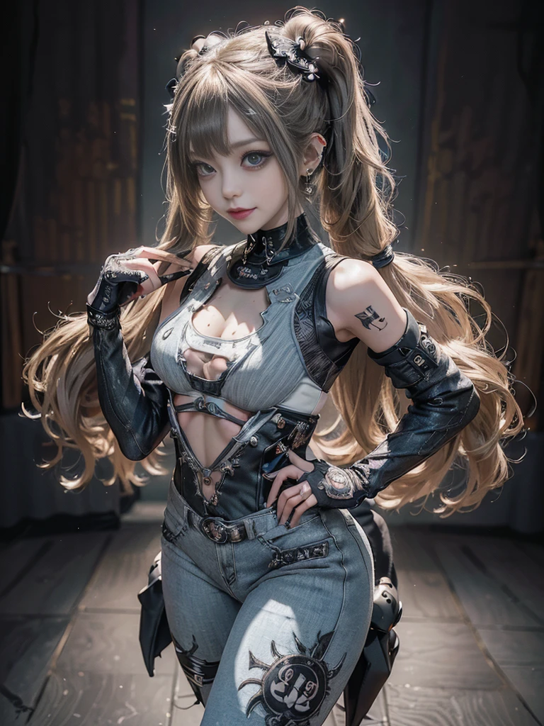 (Full Body View:1.4)、(Side view:1.1)、(Smiling with teeth showing:1.3),(Shibuya Gal:1.5)、(Gothic ta style fashion:1.5)、(Punk RockVisual Kei:1.5)、(Wearing a rhythmic gymnastics bodysuit with intricate details:1.4)、(Racing suit and pants with intricate decorations in white, denim and charcoal:1.5)、(Denim and light blue and white boots:1.3)、((belt))、(Numerous delicate logo marks all over the costume:1.4)、(collar:1.3)、(Striped underwear:1.5)、20-year-old、NSFW、((Highest quality、In 8K、masterpiece:1.3))、Sharp focus:1.2、(Layered Cut、Huge boobs:1.1),Beautiful woman with perfect figure:1.4、(Dancing vigorously:1.3)、Slender Abs:1.2、Highly detailed face and skin texture、Detailed eyes、double eyelid,(Twin tails:1.3)、(Brown-golden hair:1.3)、Gravure idol、(The background is the stage of the fashion show:1.3)、(Slim body:1.3),(Make your legs thinner:1.4),(clavicle:1.1)、(Thin and slim thighs:1.3)
