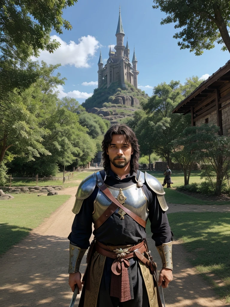 Make the msost beautiful picture that you can, whatever you want to make, make it a beautiful landscape, make it very beautiful, add some animals, add a warrior in the background, it is of medieval times, he's holding a big rijbdulahwyhbkked sword, has bow and arrows on hims back and is wearing cool clothes, he's standing with his sword out in front of a village, make it look like an anime