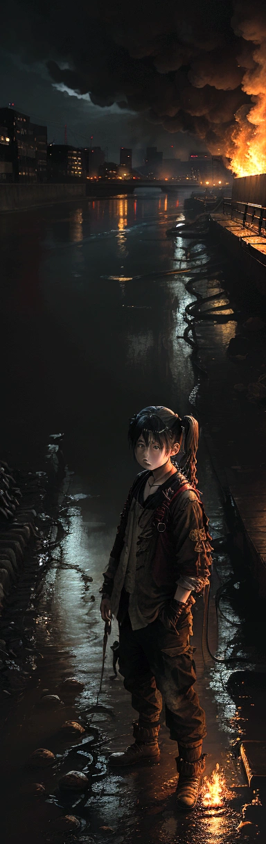 A dirty boy with pigtails stands by a river，Bridgeside，There was a fire burning at his feet，Be realistic，The light of the fire lit up his cheeks，He is wearing black，